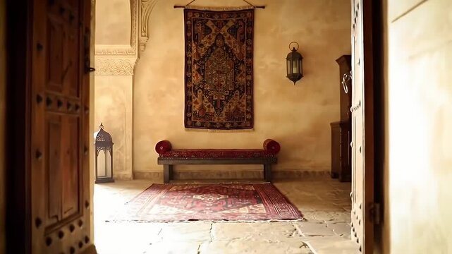 Sunlit Arched Entrance Framing A Cozy Interior Room With Persian Rug and Tapestry