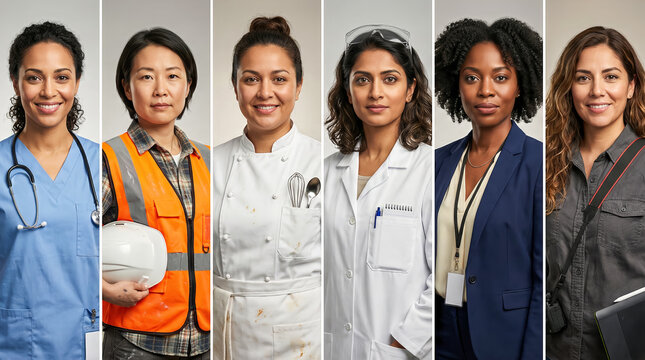 horizontal banner with a collage of vertical portraits of women of different nationalities in professional workwear, a poster concept for International Women's Day and Labor Day