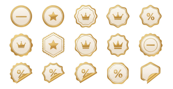 Luxury gold badge and sticker icons vector set with 3D accents for promotions