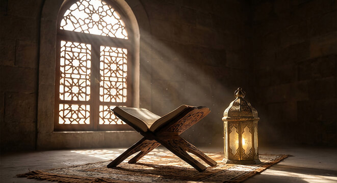 Spiritual atmosphere with the Qur'an on a rehal and prayer mats. Sunlight filters through geometric windows, illuminating brass lanterns in a dark room with light dust. Perfect for Ramadan and Eid