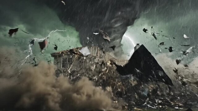 A violent tornado tears through a rural house; jagged lightning splits a stormy, ominous sky above.!