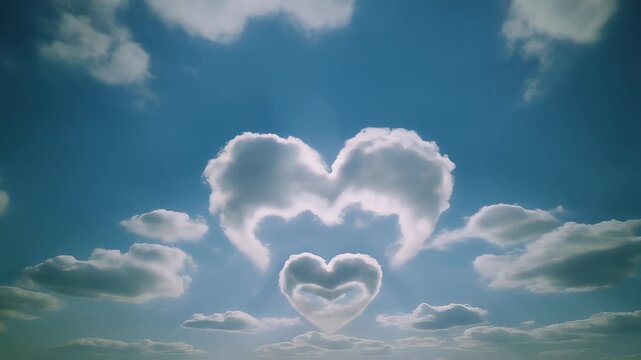 A heart-shaped cloud formation floats gently across a serene blue sky with fluffy white clouds, symbolizing love and affection in a soft, watercolor-style animation.
