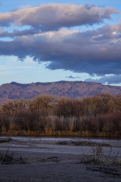 Portrait view of the Sandia Mountains in Albuquerque, New Mexico, as seen from the Rio Grande River