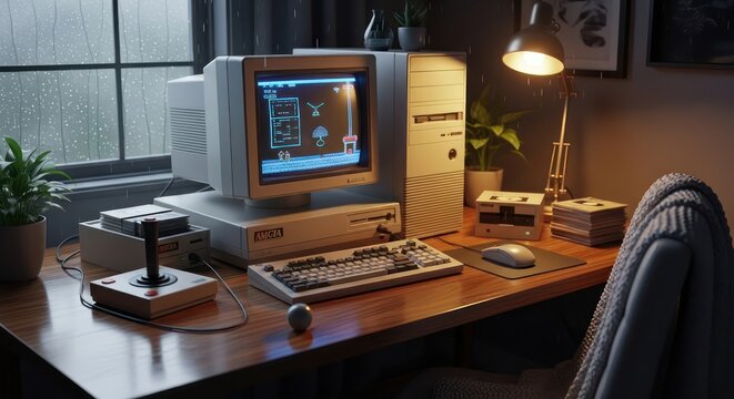 Vintage computer setup under warm light on a rainy day showcasing nostalgic technology