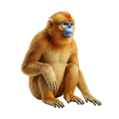 Fototapeta premium Golden snub-nosed monkey sitting pose portrait with blue face furry primate wildlife animal isolated on transparent background