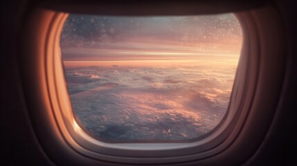 Naklejka premium Sunset View From Airplane Window Above the Clouds, Capturing the Beauty of the Sky During Evening Flight