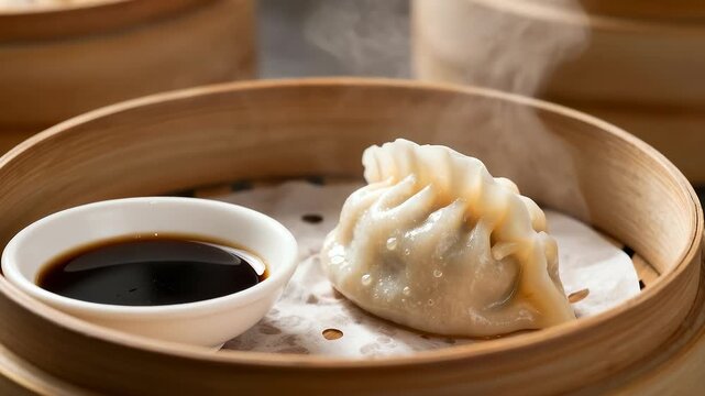 Steaming hot dumpling with sauce in bamboo steamer