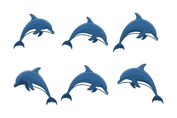 Obraz premium Set of six teal dolphin icons in various positions with swimming flipping collection illustration