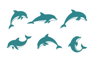 Obraz premium Six cheerful blue dolphins gracefully leaping and swimming in a delightful cartoon illustration