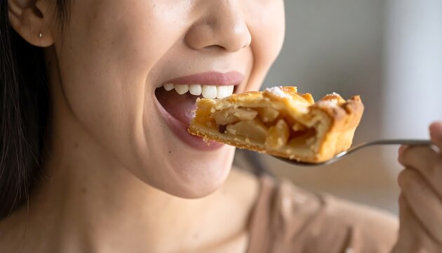 A woman's face and shoulder as she takes a bite of a savory pie