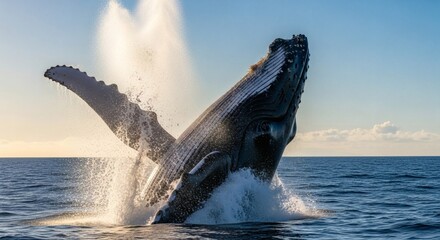 Obraz premium Humpback whale breaching ocean surface with powerful splash