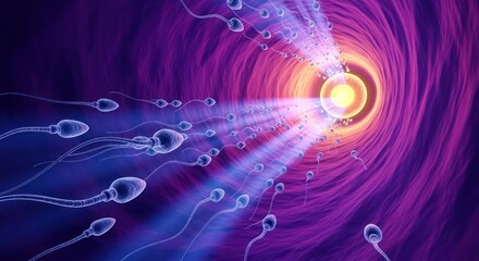 Obraz premium Vibrant depiction of fertilization process with sperm cells reaching the ovum, a symbol of creation