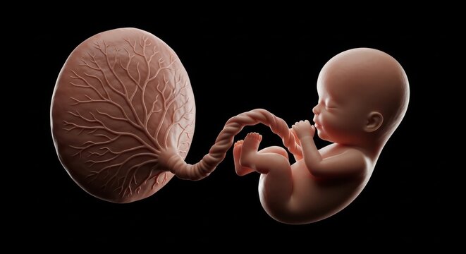 Visual representation of human fetal development depicting the umbilical cord and placenta