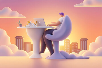 Remote worker sitting at a desk in the clouds during golden hour.