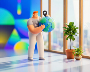 Global travel and navigation concept with character holding planet earth.