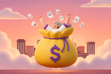 Wealth and bonus concept art with floating cash and city skyline background.