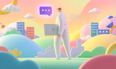 3D illustration of a man walking with a laptop and speech bubble in a pastel landscape.
