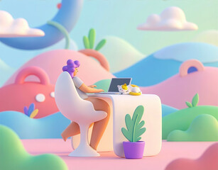 Remote work concept with character sitting at a desk in a colorful abstract world.
