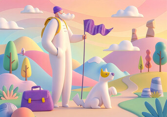 Adventure concept with traveler character and pet standing in an abstract fantasy world.