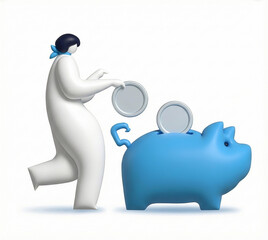 Investment and budget concept art with money box and large silver coins.