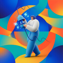 Energy and power concept with person holding a blue power cord and lightning bolts.