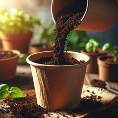 Soil being poured into a paper pot, with other potted plants in the blurry background
