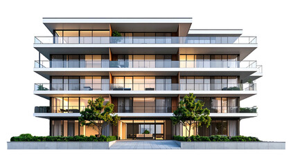 Naklejka premium Modern multi-story building with balconies, warm lighting, and landscaping