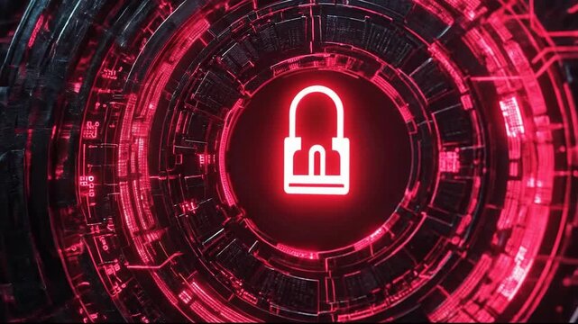 A futuristic digital lock icon against a vibrant red abstract background.