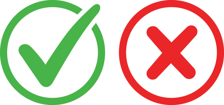 Green checkmark in circle and red cross in circle on white background check mark cross mark