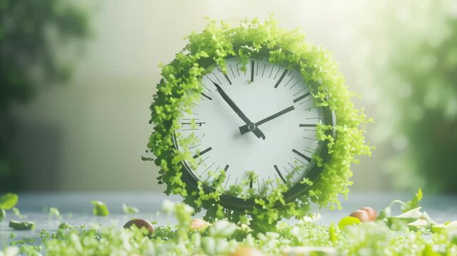 Healthy eating time concept: clock covered in fresh green leaves and vegetables
