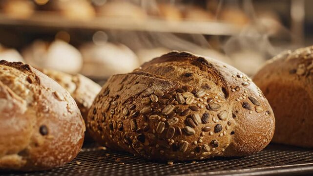 Artisan Multigrain Bread Loaves with Seed-Crusted Crusts Freshly Baked in a Warm Bakery