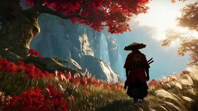 Samurai warrior walking through red autumn forest toward rocky mountains in golden sunlight, cinematic Japanese landscape with falling leaves, epic adventure mood, detailed fantasy scene with copy spa