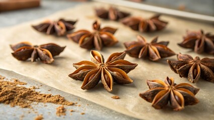 Fototapeta premium Star Anise Pods Arranged on Parchment Paper