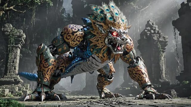Armored beast roars through ancient ruined temple, glowing blue aura, fierce, tattooed skin, claws!