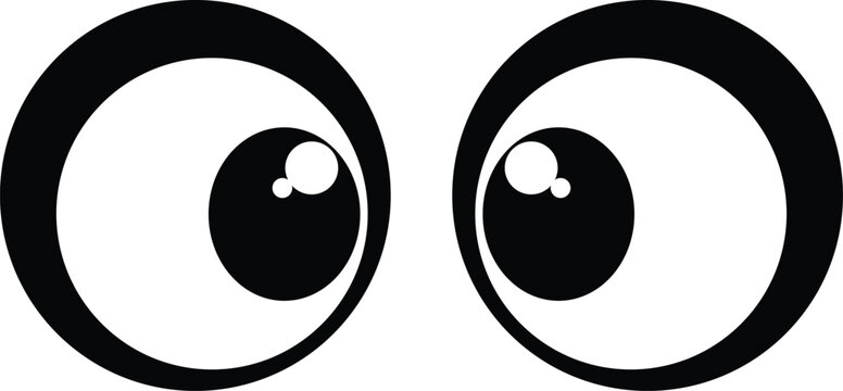 Two cartoon eyes looking to the right side with black pupils and white highlights black and white