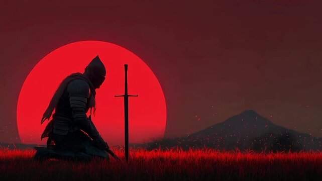 Kneeling medieval knight silhouette praying beside sword against giant red sun, dramatic fantasy battlefield landscape with mountains, cinematic moody lighting, epic sacrifice concept scene with copy 