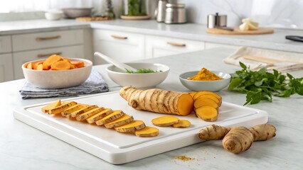 Fresh Turmeric and Ginger Slices Prepared in a Kitchen