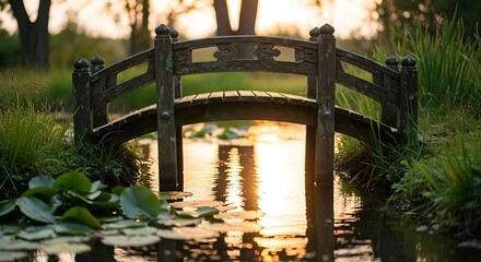 Sunset Reflections on a Tranquil Japanese Bridge in a Serene Setting