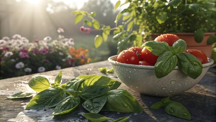 Fresh Basil and Ripe Tomatoes Glistening with Dew in a Garden