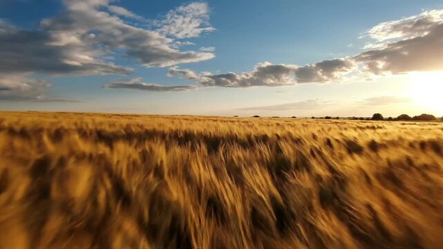 Golden fields sway under a blue sky; warm sunset light blur in foreground, distant farm and horizon