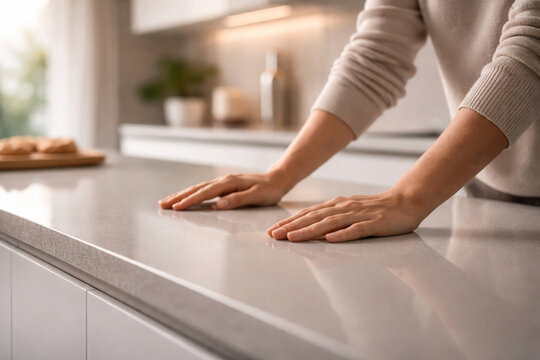 Close-up of a person's hands resting on a smooth, light grey kitchen countertop in a modern home.