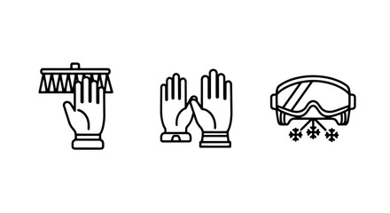 Obraz premium Collection of line art icons for winter activities, including hand cleaning, gloves, and ski goggles.