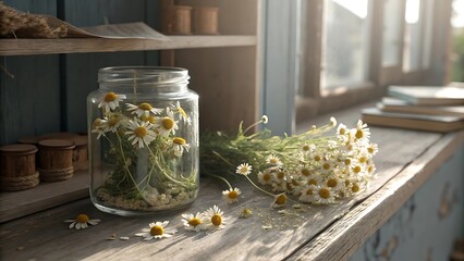 Dried Chamomile Flowers in Glass Jar on Wooden Surface