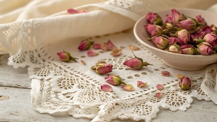 Delicate dried rosebuds and petals scattered on lace