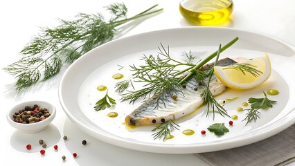 Fish Fillet With Dill And Lemon On White Plate