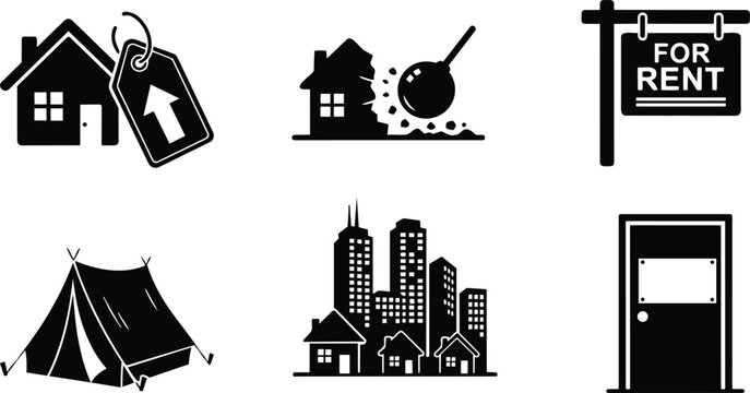 Flat design real estate icon set showing multiple property icons house with price tag demolition wrecking ball for rent sign tent city skyline entry door minimal