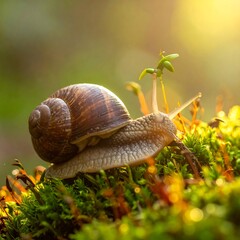 Snail crawls on moss, bathed in golden sunlight, creating a soft, serene, and vibrant outdoor close-up scene