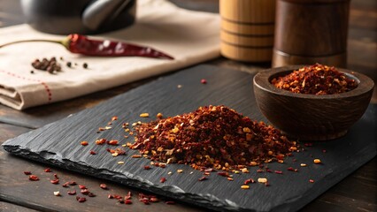 Crushed Red Pepper Flakes Pile on Dark Slate