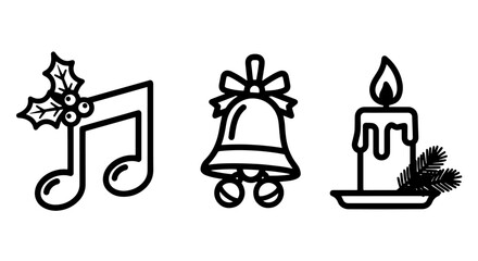 Fototapeta premium Festive Christmas icons: holly musical note, jingle bell with bow, and lit candle with pine branch, for holiday music, celebrations, and decor.