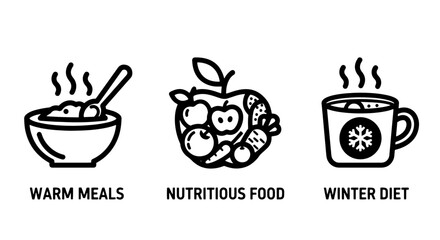 Healthy winter eating icons: warm porridge bowl, nutritious fruit and vegetable mix, and hot cocoa mug for balanced seasonal diets and wellbeing.